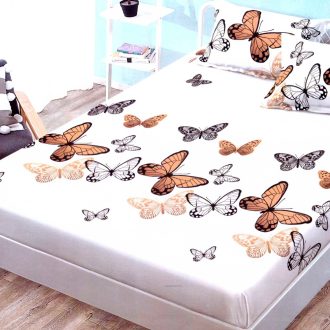 husa de pat finet cu elastic crem cu fluturi crem