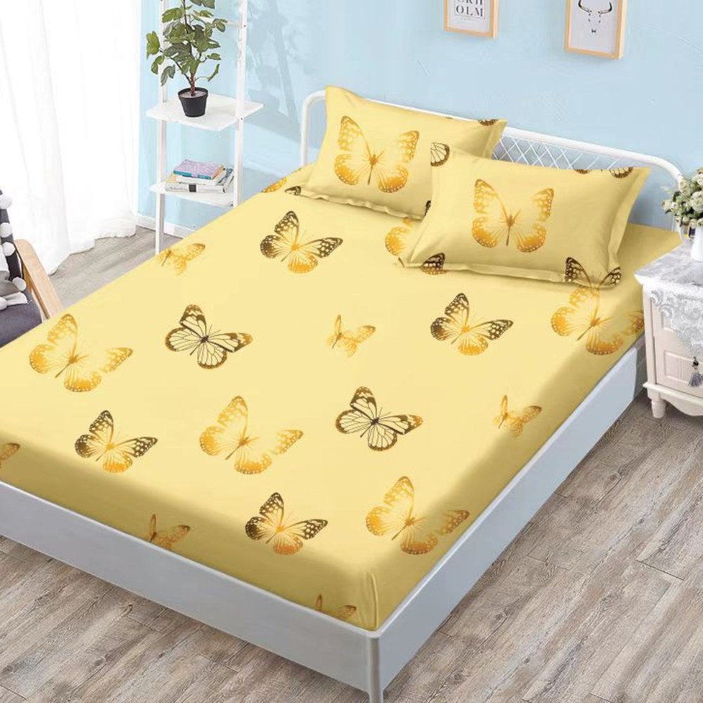 husa de pat finet galbena cu fluturi