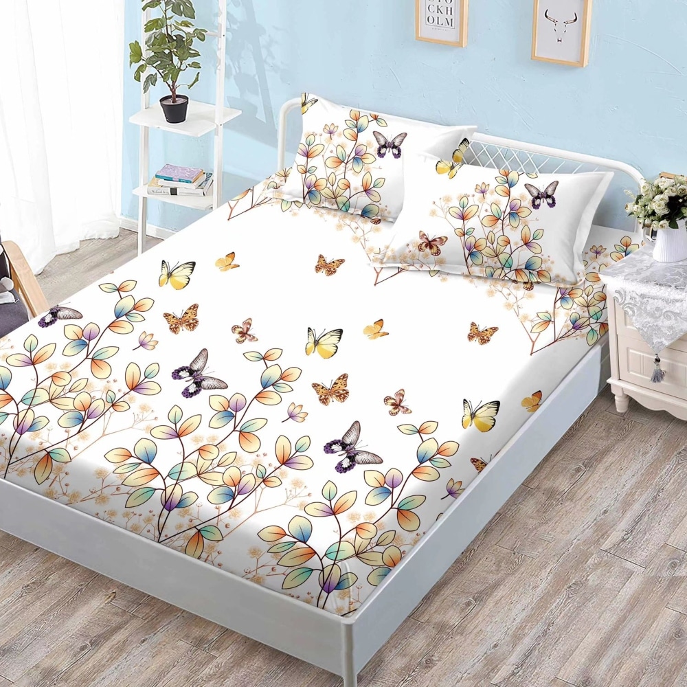 husa de pat finet crem cu fluturi