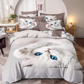 lenjerie de pat alba cu gri cu pisicute