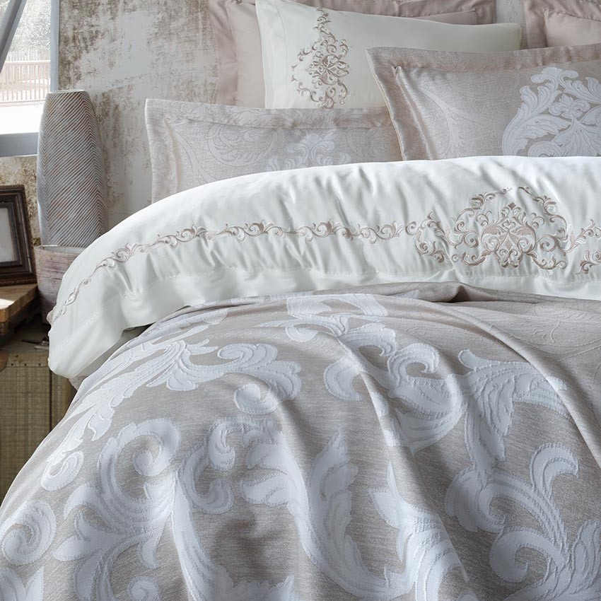 Set Cadou: Lenjerie de Lux din Saten cu Dantela + Cuvertura, Pat 2 Persoane – Dantela Vita – Jua - imagine 2