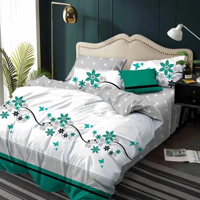 lenjerie alb gri cu flori verzi