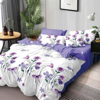 lenjerie de pat alb-mov cu flori