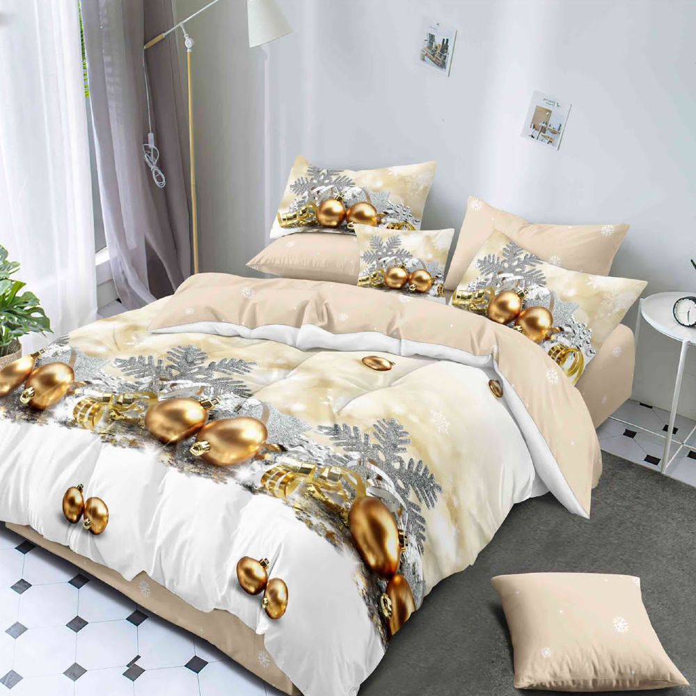 lenjerie de pat craciun crem cu globulete