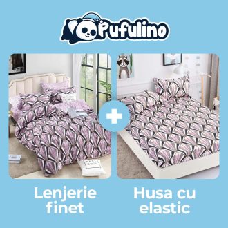set lenjerie multicolor + husa de pat cu elastic