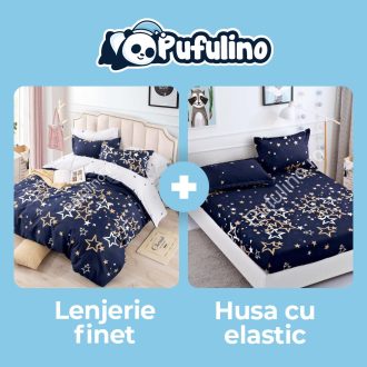 lenjerie bleumarin cu stelute + husa de pat cu elastic