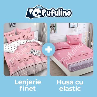 set lenjerie roz cu pisicute + husa de pat cu elastic
