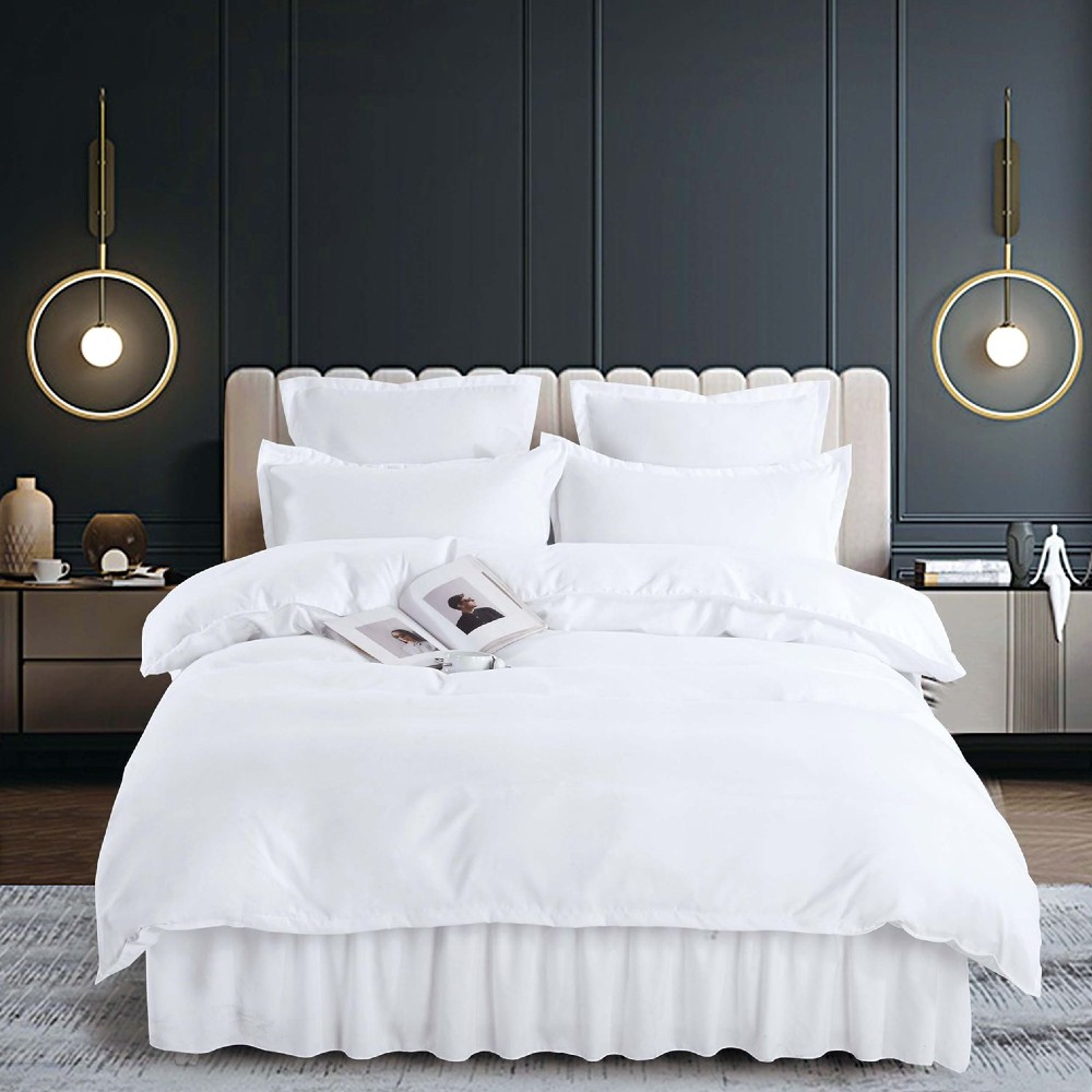 Set Lenjerie de Pat din Finet cu Volanase, Model Uni, 6 Piese, Pat 2 Persoane - Alb - JoJo Home - PUF58652