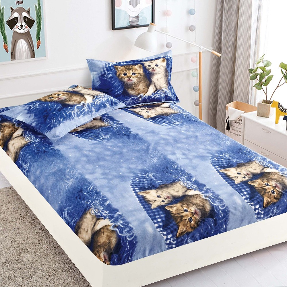 husa de pat albastra din finet cu pisicute 3d