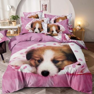 lenjerie 1 persoana cu elastic model catelusi roz