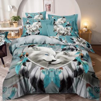 lenjerie 1 persoana cu elastic model lupi albi