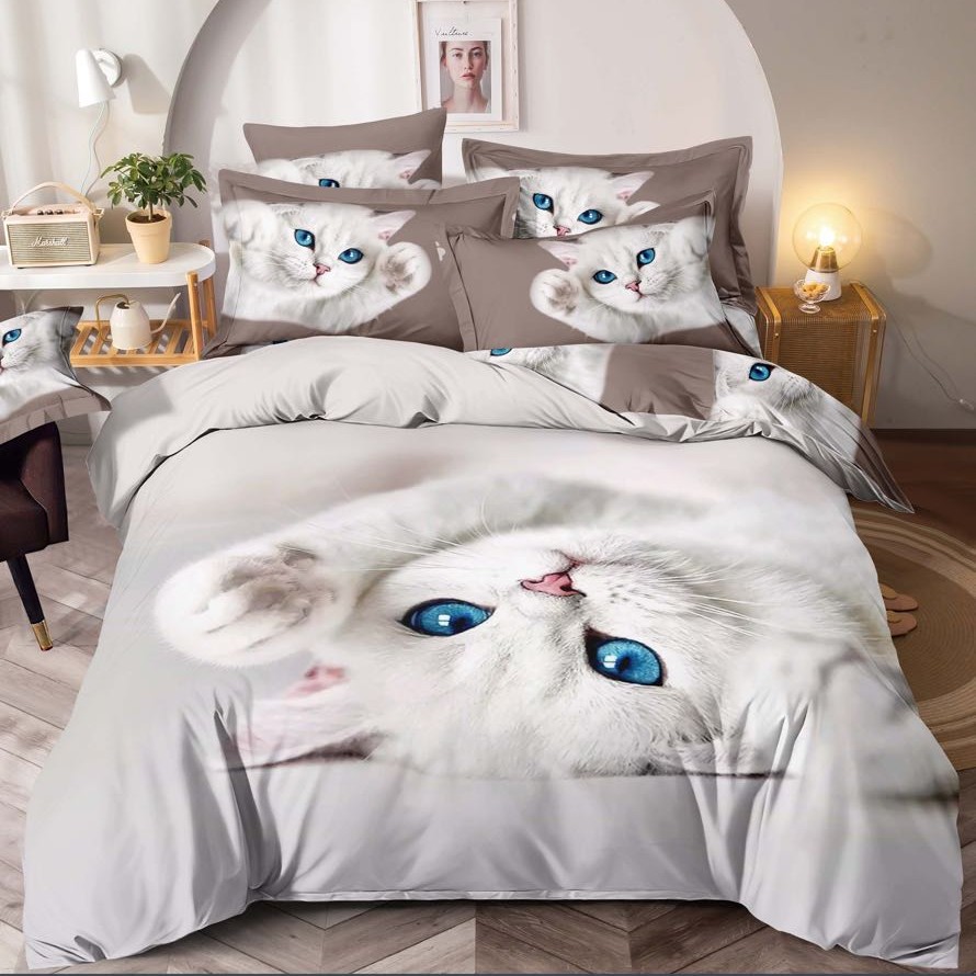 lenjerie 1 persoana cu elastic model pisicute ochi albastri