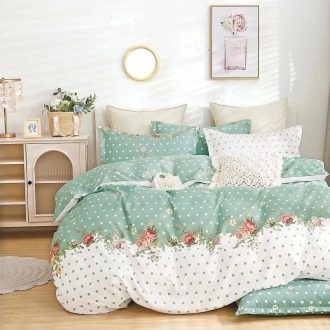 lenjerie 1 persoana alb verde cu flori