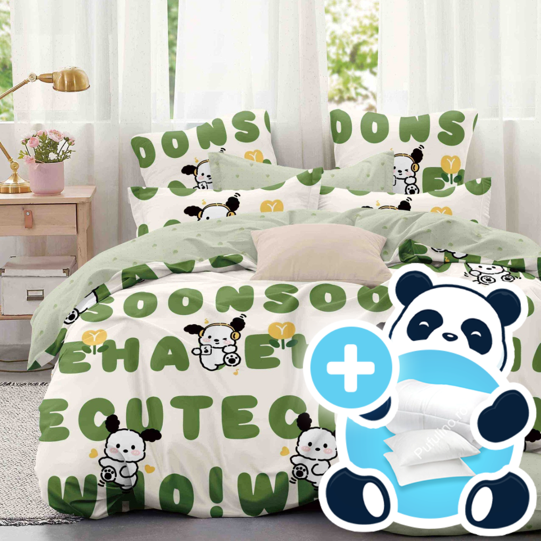 Pachet 1 persoana lenjerie alb scris verde