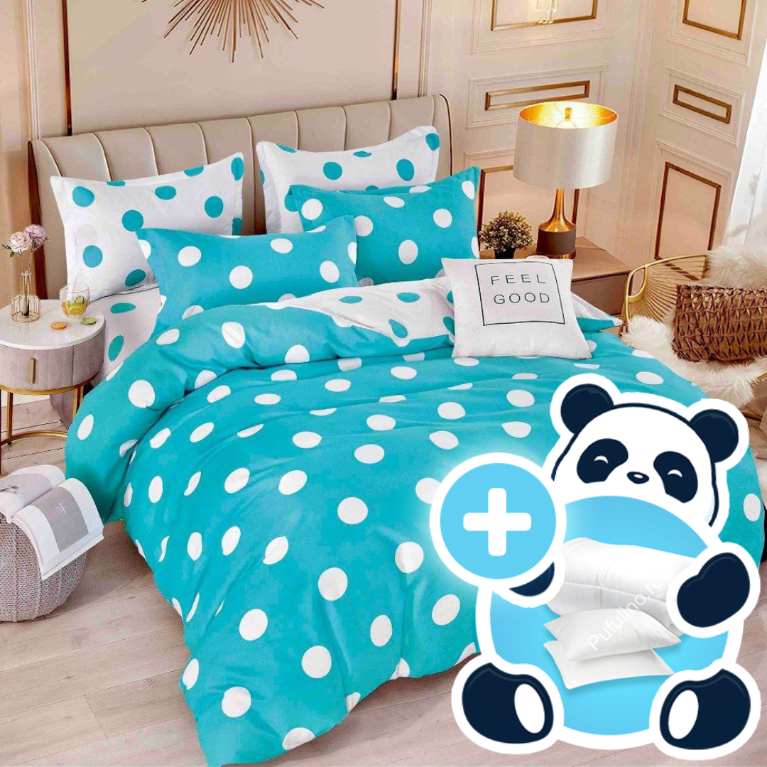 Pachet 1 persoana lenjerie cu buline turcoaz