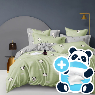 Pachet 1 persoana lenjerie verde cu panda