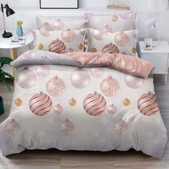 lenjerie alba cu globuri roz de craciun