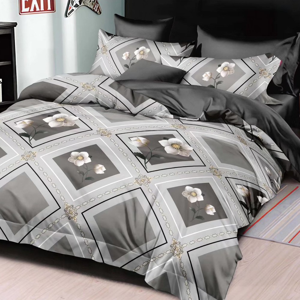 lenjerie bumbac satinat gri cu flori