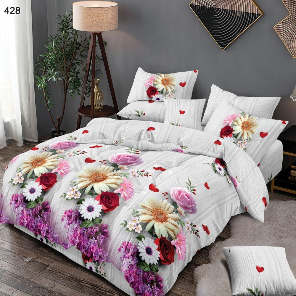 lenjerie de pat finet alba cu flori multicolore