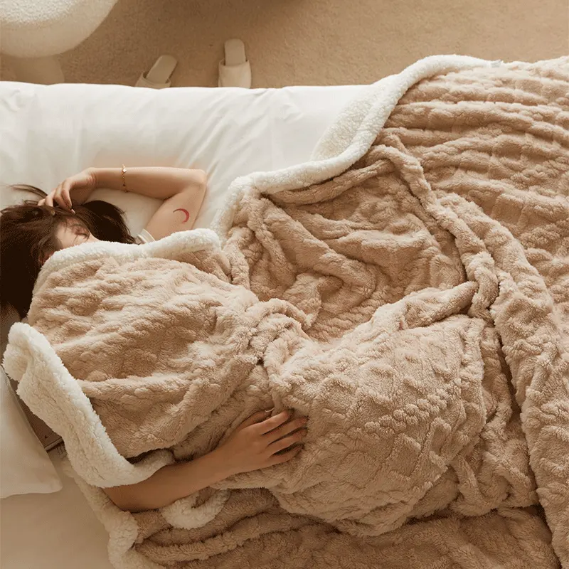 Patura Cocolino cu Blanita Uni, Model Tricotat, Pat 2 Persoane, Bej - JoJo Home - PUF73512 - imagine 6