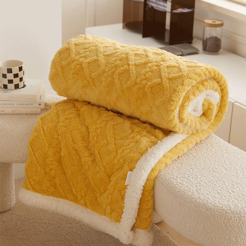 Patura Cocolino cu Blanita Uni, Model Tricotat, Pat 2 Persoane, Galben - JoJo Home - PUF73523 - imagine 8