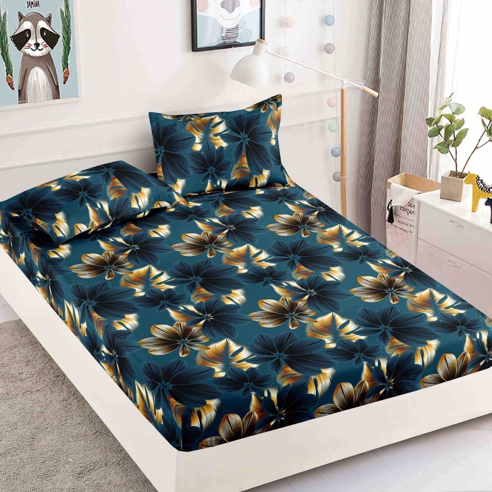 Husa de Pat cu Elastic din Bumbac Finet + 2 Fete de Perna, Pat 2 Persoane Blue Flowers - JoJo Home - PUF48001