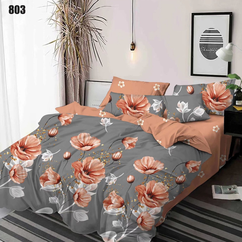 lenjerie de pat finet gri cu flori portocalii