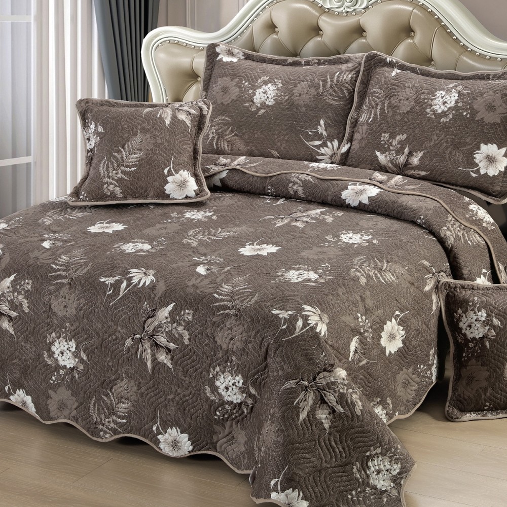 cuvertura de pat din bumbac 5 piese maro cu flori