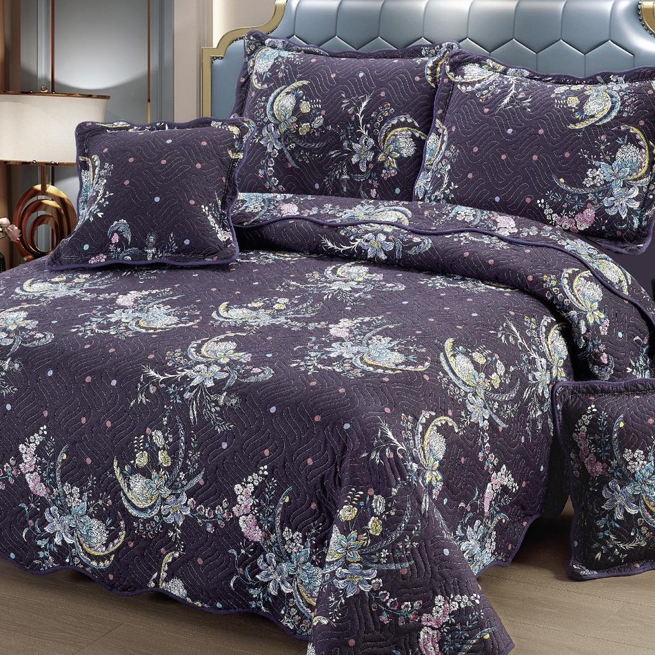 cuvertura de pat din bumbac 5 piese mov cu flori