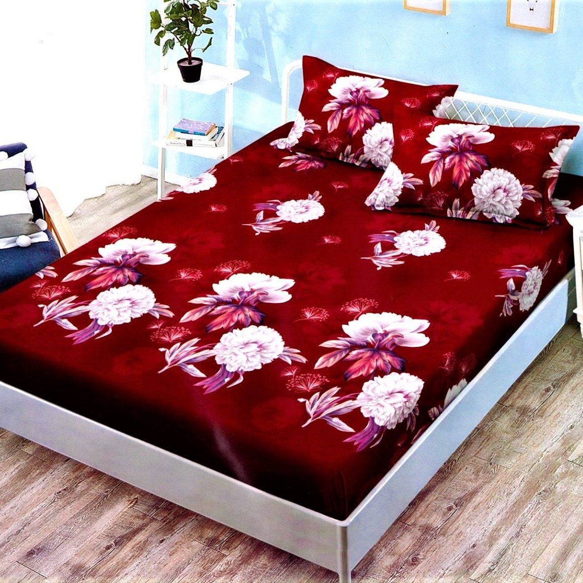 husa de pat finet rosie cu flori crem