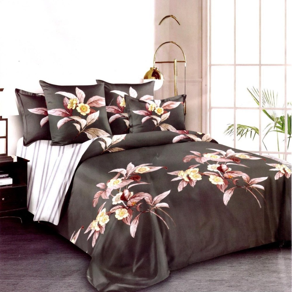 lenejerie bumbac satinat maro cu flori