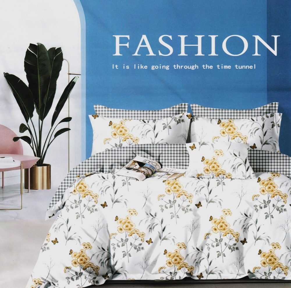 lenjerie bumbac satinat alba cu flori galbene