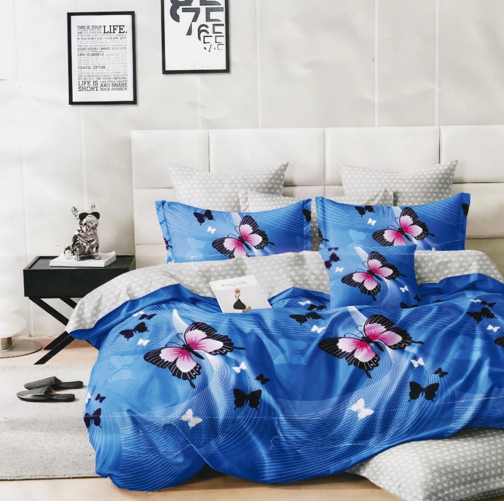 lenjerie bumbac satinat albastra cu fluturi