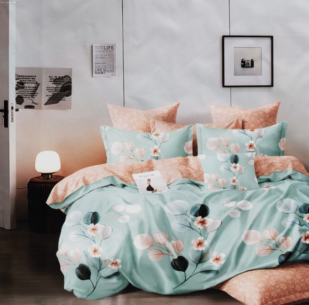 lenjerie bumbac satinat verde cu flori