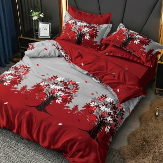 lenjerie de pat finet rosie cu pomi