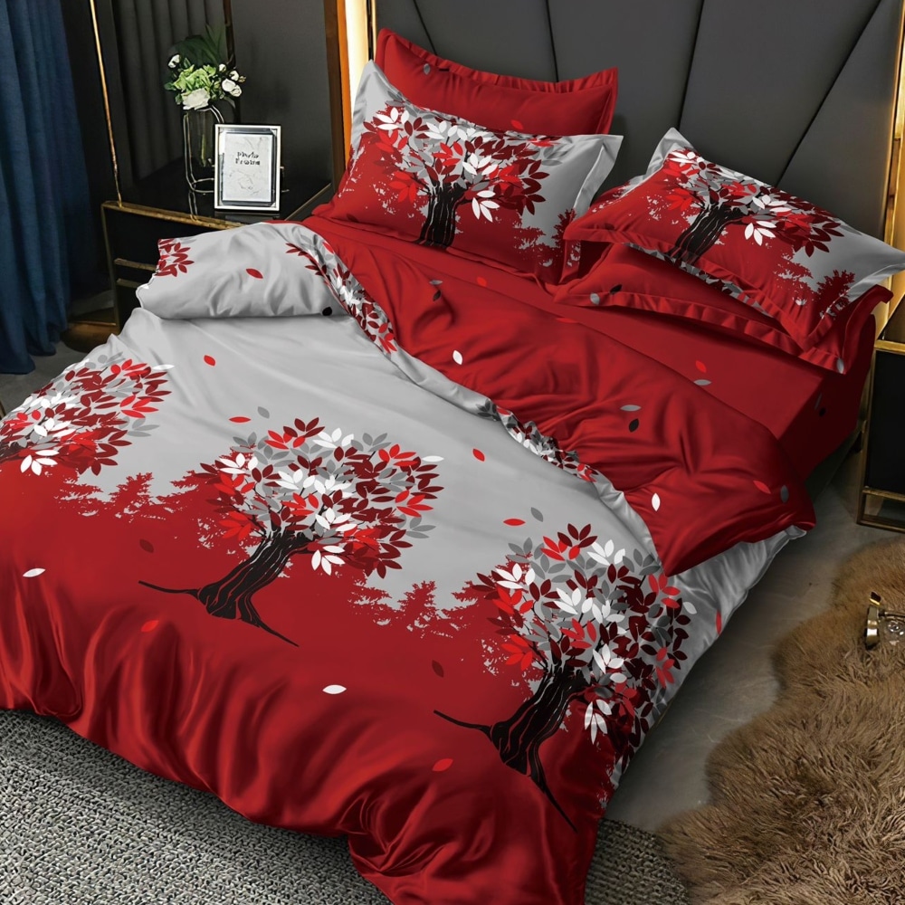 lenjerie de pat finet rosie cu pomi