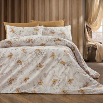 lenjerie bumbac 100% ranforce alb bej cu fluturi