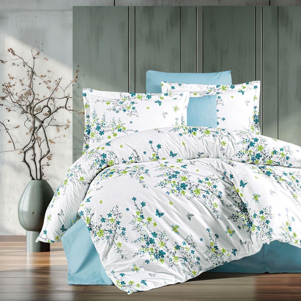 lenjerie bumbac 100% ranforce alb bleu cu fluturi