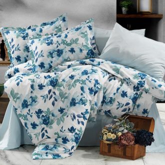 lenjerie de pat ranforce alba cu flori albastre