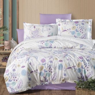 lenjerie de pat ranforce alba cu flori lila