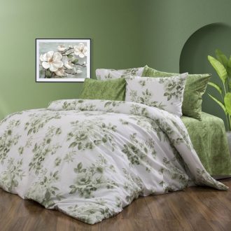lenjerie de pat ranforce alba cu flori verzi