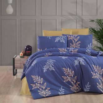 lenjerie de pat ranforce albastra cu frunze (1)