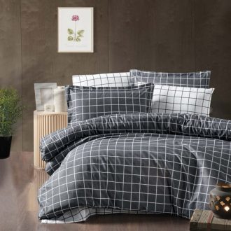 lenjerie de pat ranforce gri cu patratele