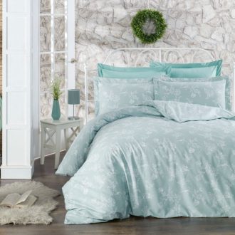 lenjerie de pat ranforce verde cu flori