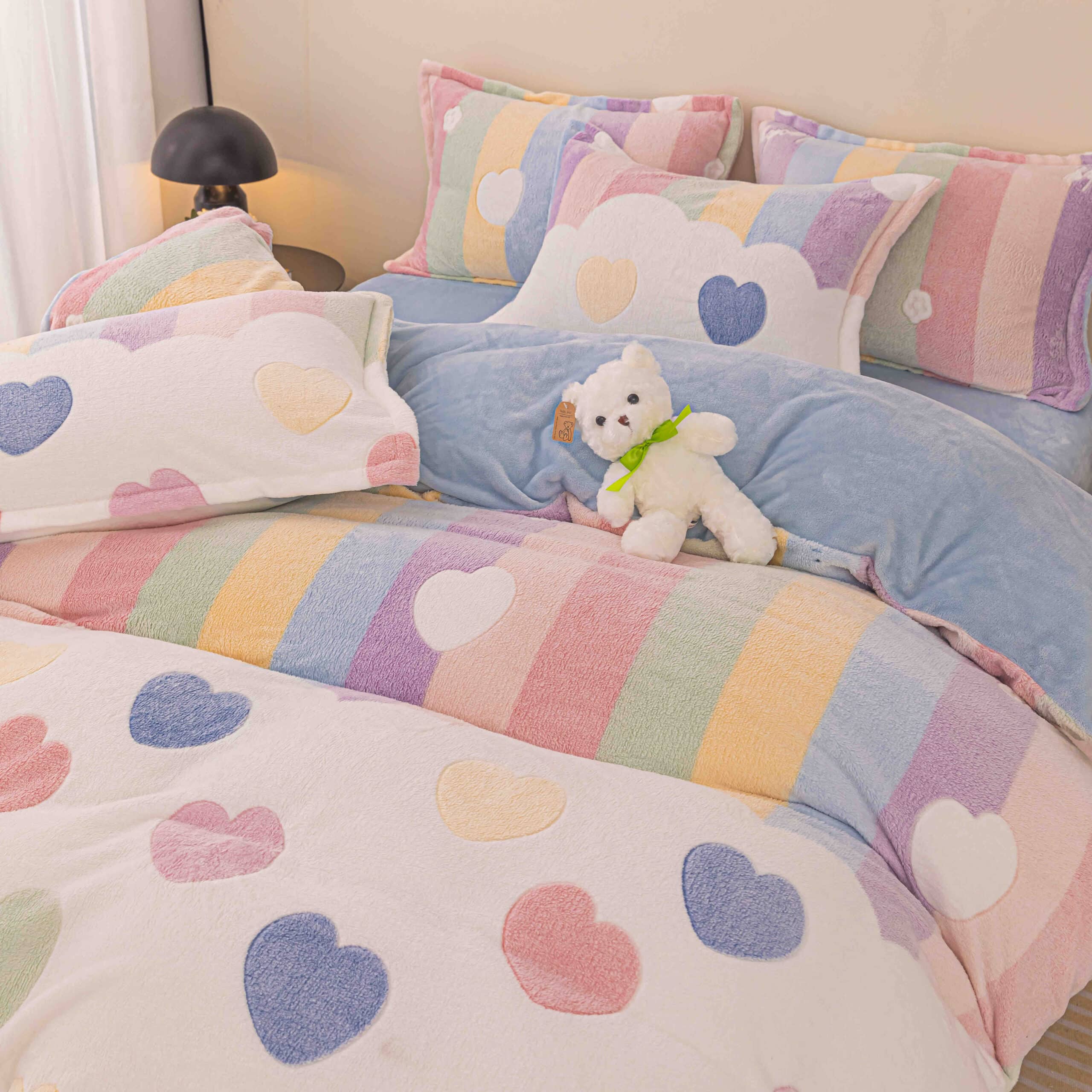 Set Lenjerie Pufoasa Cocolino cu Elastic, 4 Piese, Pat 2 Persoane - Coloured Hearts - PUF125073 - imagine 3