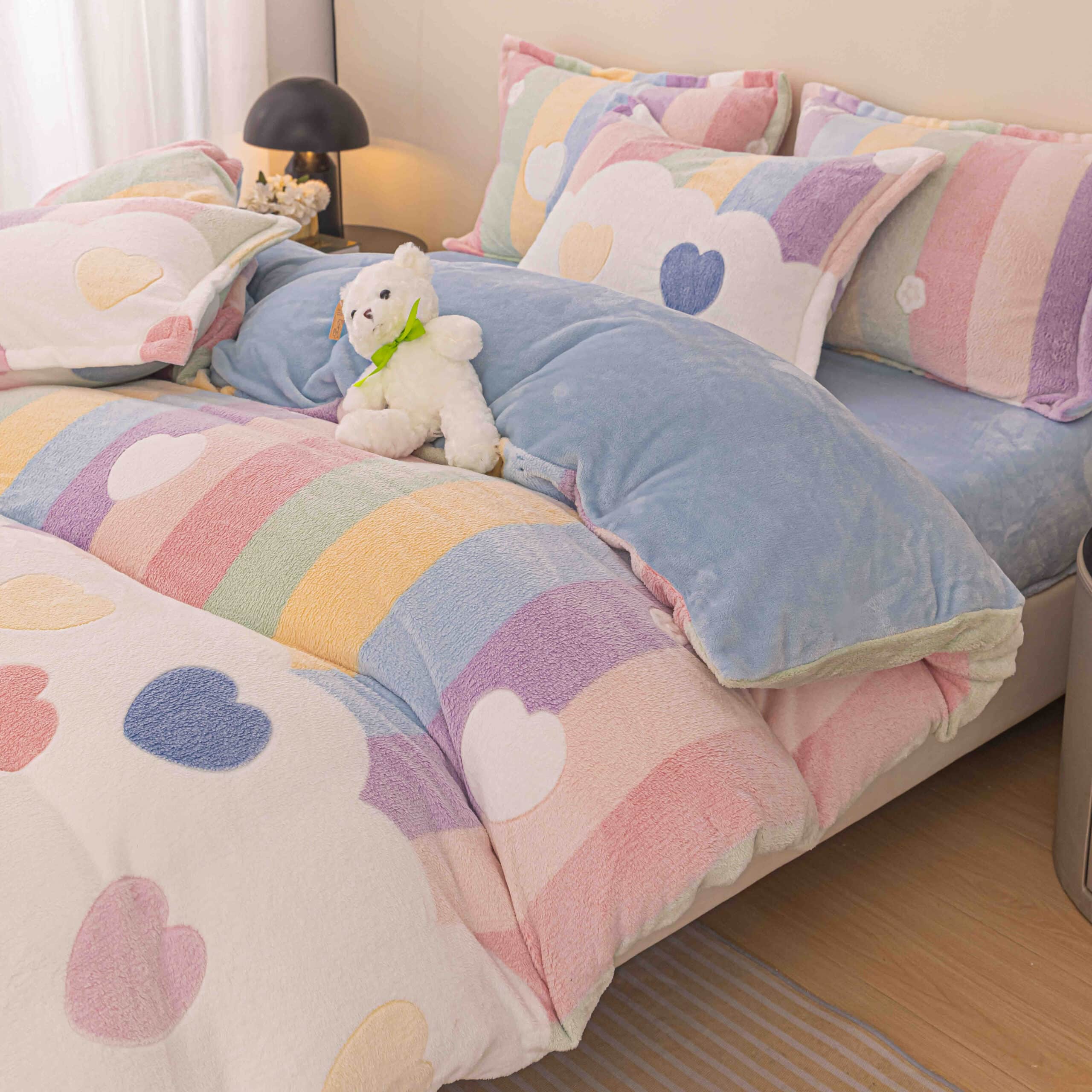 Set Lenjerie Pufoasa Cocolino cu Elastic, 4 Piese, Pat 2 Persoane - Coloured Hearts - PUF125073 - imagine 2