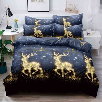 lenjerie de craciun bleumarin cu cerbi aurii