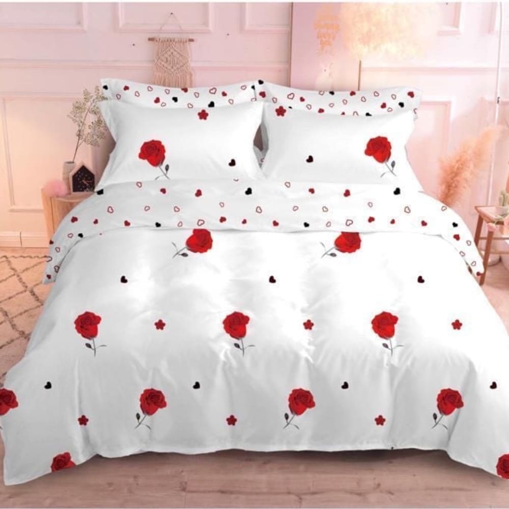 lenjerie de pat finet alba cyu trandafiri rosii