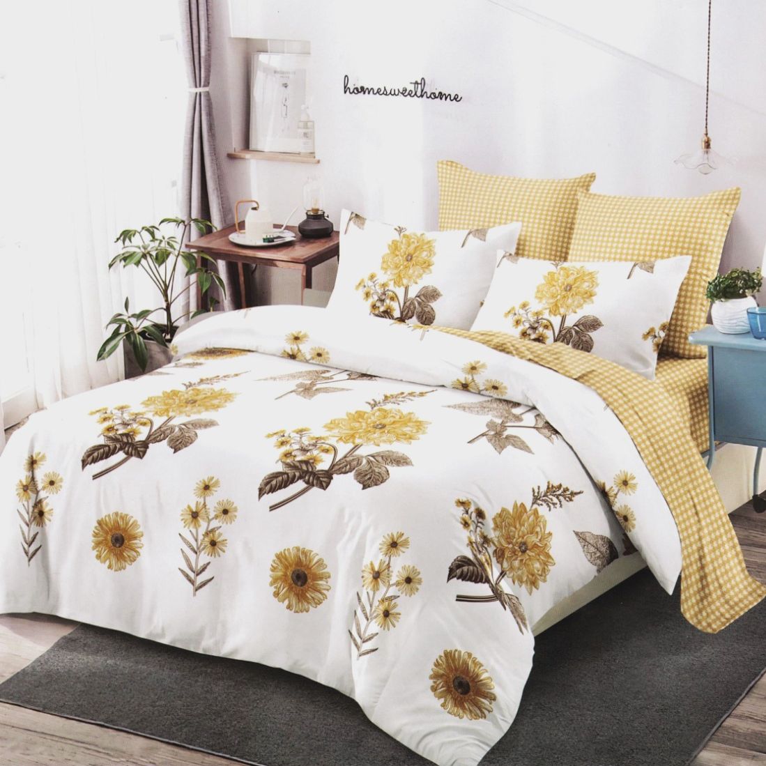 lenjerie alb galben cu flori mari