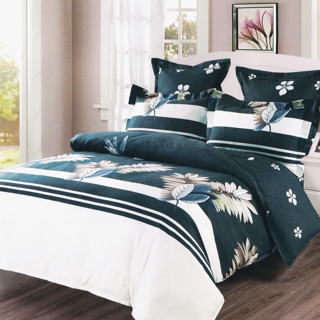 lenjerie alb gri cu frunze